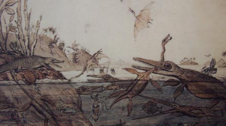 Ancient Dorsetshire or Duria Antiquior, the famous watercolour by Henry de la Beche showing a vision of prehistoric Dorset, painted around 1831 and published partly to help Mary Anning financially. The original is in the National Museum of Wales