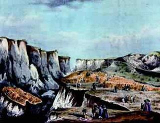 The ceremonial reaping of the Wheatfield that had slid over the cliff in 1839, which took place the following August 1840. Print by William Dawson